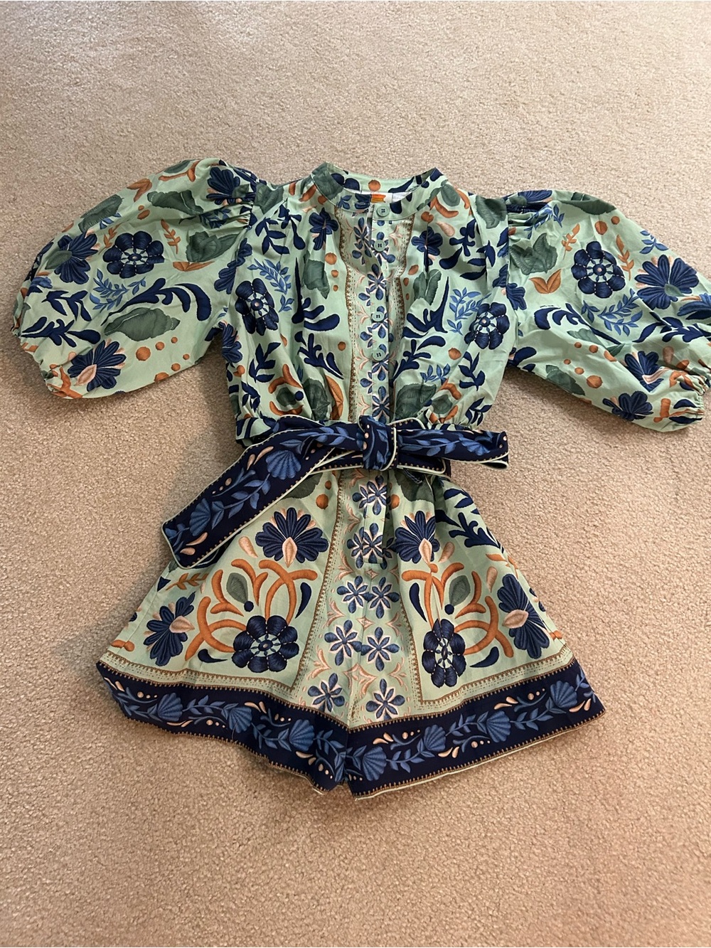 FARM Rio Mint Green Floral Puff-Sleeve Shorts Romper with Navy & Orange Accents